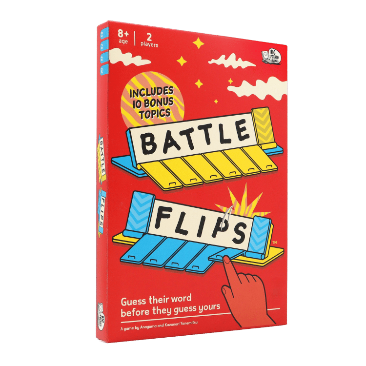 Battle Flips card game box. The box is bright red with colorful illustrated game graphics, including stars, clouds, and a hand pointing at the board.