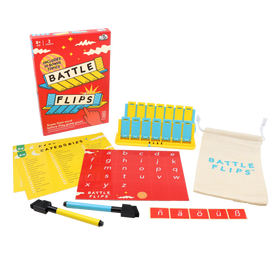 The Battle Flips game box is shown with its contents, including the flip-board game base, alphabet board, category sheets, drawstring bag, markers, and extra letter tiles.