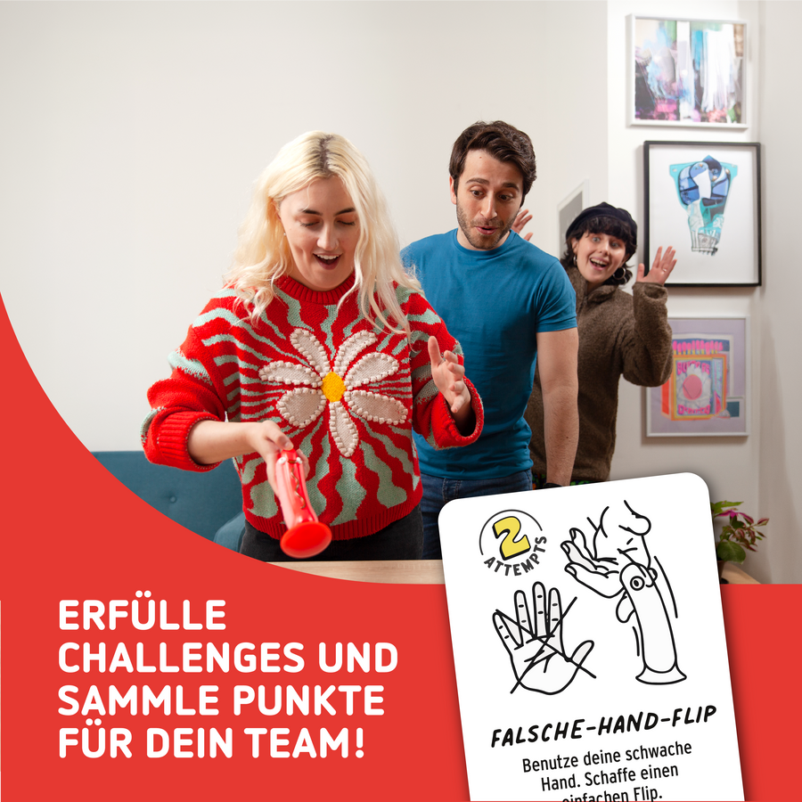 Drei Leute stehen in einer Reihe, die erste wirft das Hotdog. Mit Text: Erfülle challenges und sammle Punkte für dein Team!