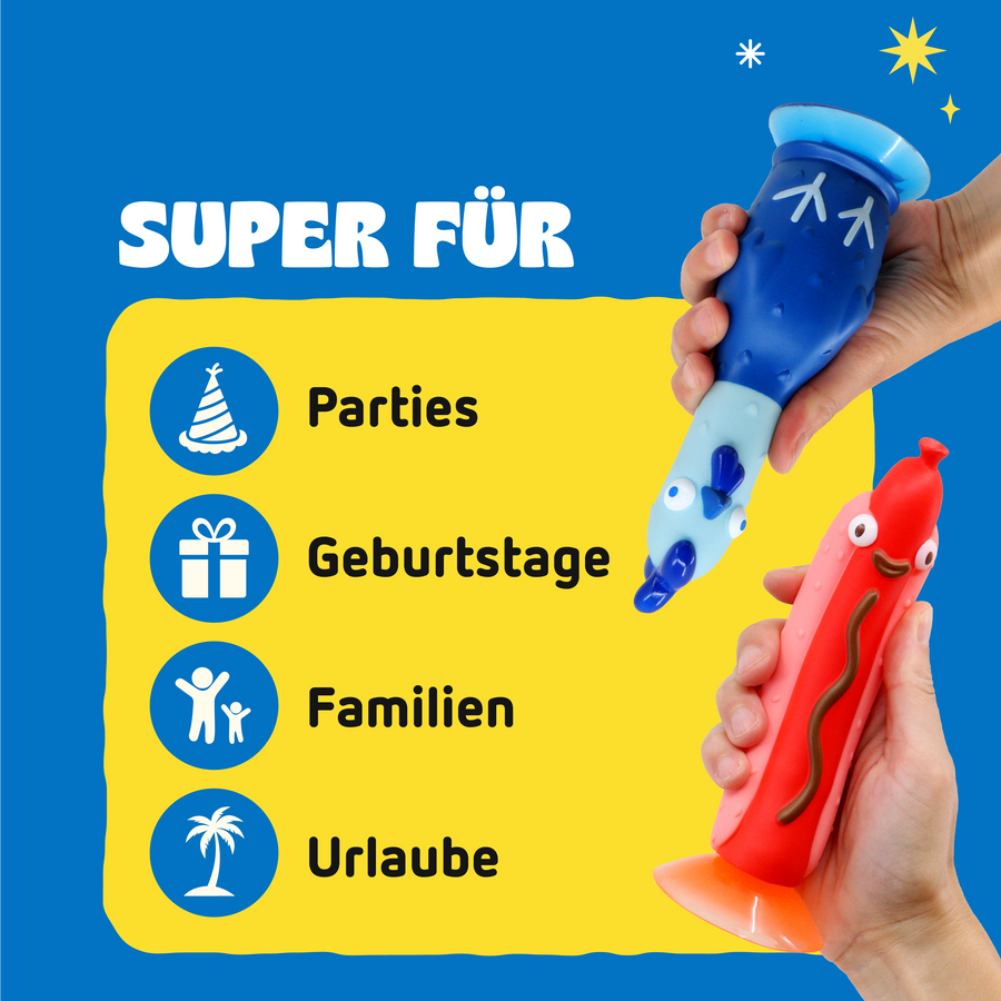 Grafik die aufzählt wofür Chicken vs Hotdog geeignet ist: Parties, Geburtstage, Familien, Urlaube