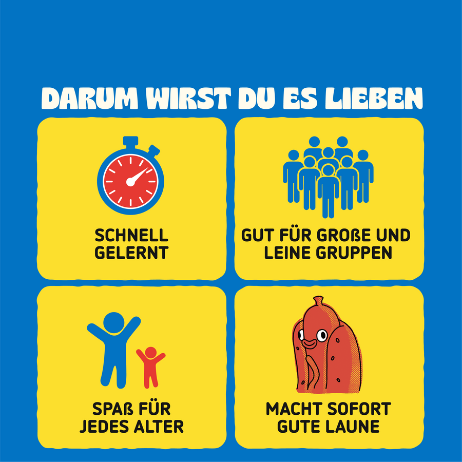 Eine gelb-blaue Grafik mit Überschrift 'Darum wirst du es lieben". Es listet auf: "Schnell gelernt, gut für große und kleine Gruppen, Spaß für jedes Alter, macht sofort Laune"