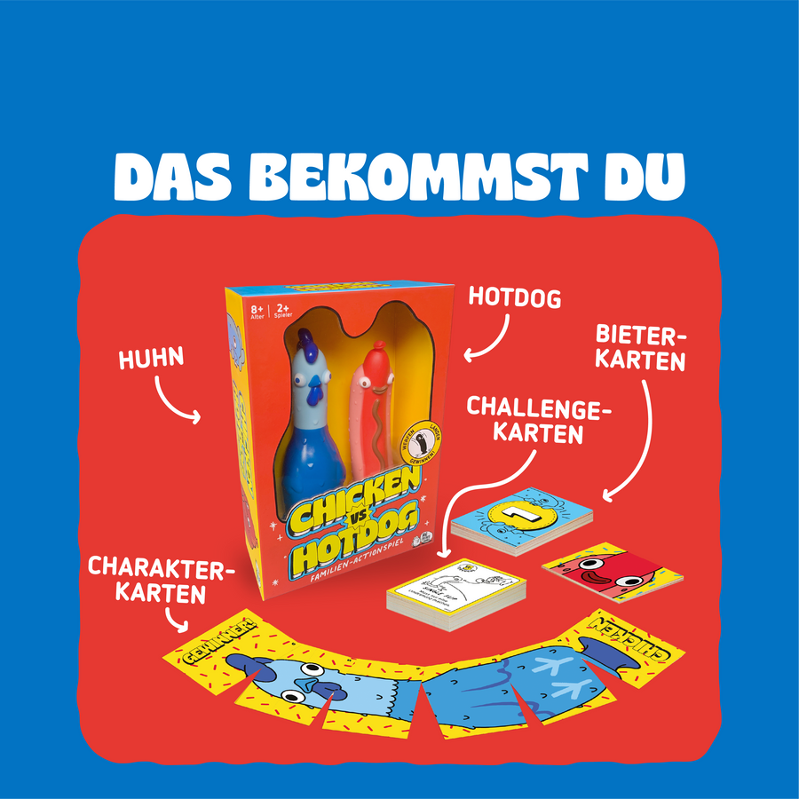 Grafik die zeigt, was bei Chicken vs Hotdog enthalten ist: Huhn Figur, Hotdog Figur, Charakterkarten, Challengekarten und Bieterkarten.