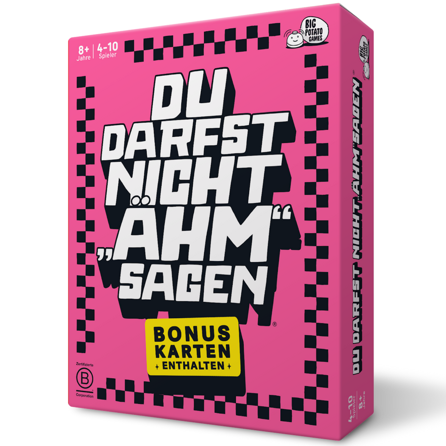Eine rosa-schwarze Brettspielschachtel mit der Aufschrift „Du darfst nicht ‚Ähm‘ sagen“. 
Daneben steht eine gelbe Schachtel mit „Bonuskarten“.