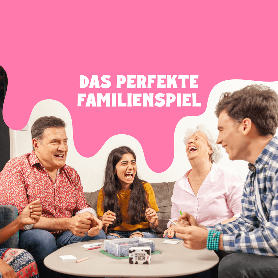 Familie sitzt auf einem Sofa und spielt Herdentier, mit der Überschrift "Das perfekte Familienspiel".