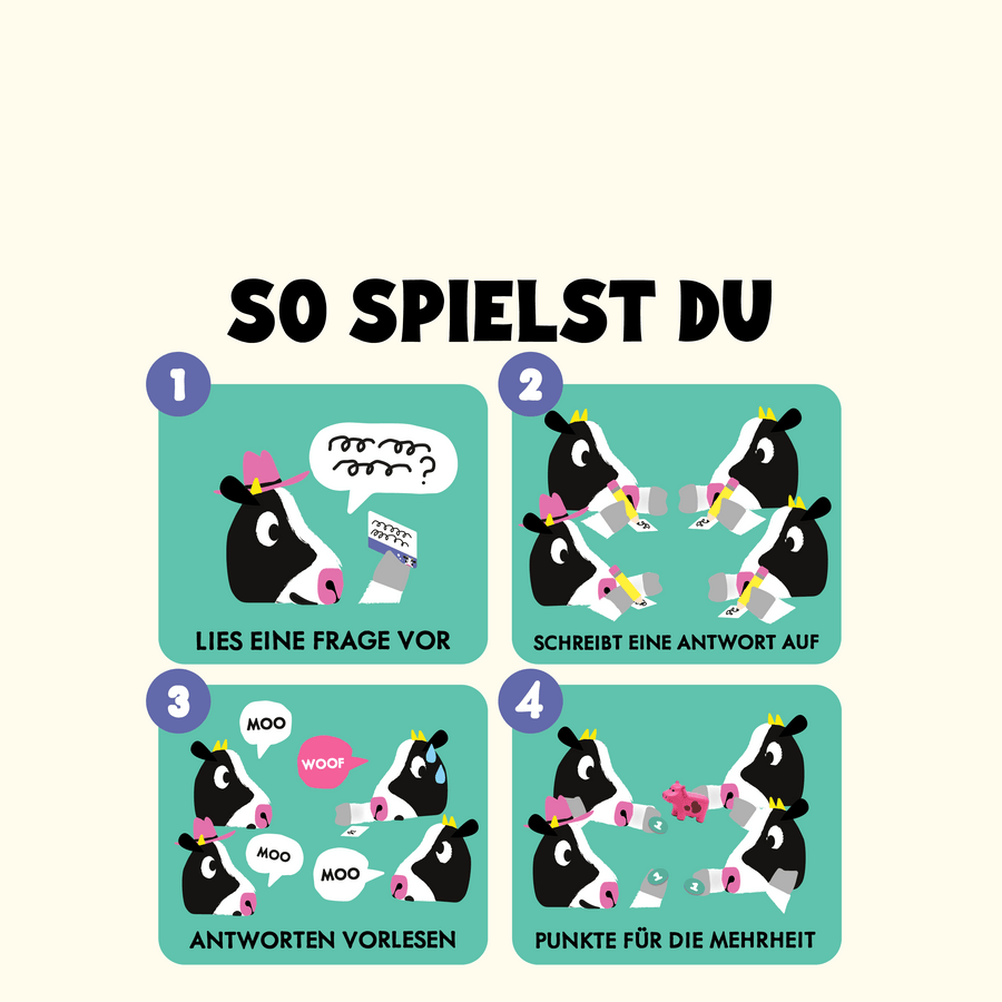 So spielst du Herdentier: 1. Lies eine Frage vor. 2. Schreibt eine Antwort auf 3. Antworten vorlesen 4. Punkte für die Mehrheit