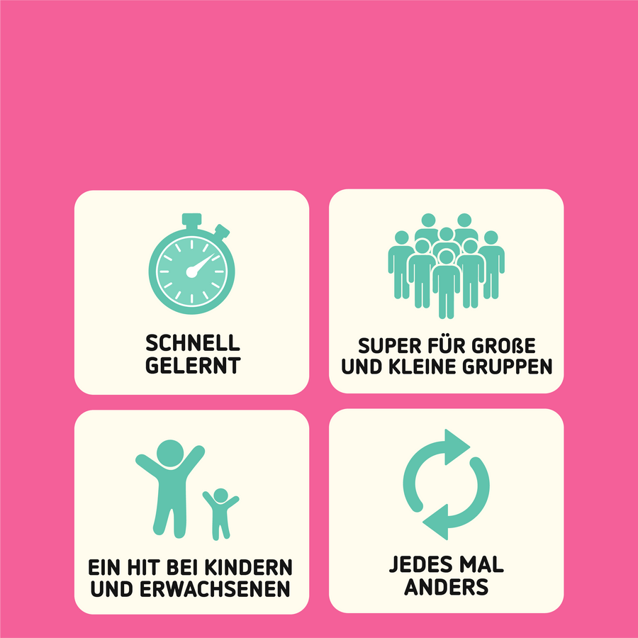Schnell gelernt, super für große und kleine Gruppen, ein Hit bei Kindern und Erwachsenen, jedes Mal anders
