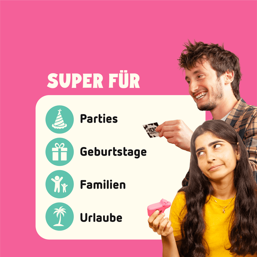 Grafik mit zwei Menschen und überschrift "Super für". Sie zählt auf: Parties, Geburtstage, Familien, Urlaube